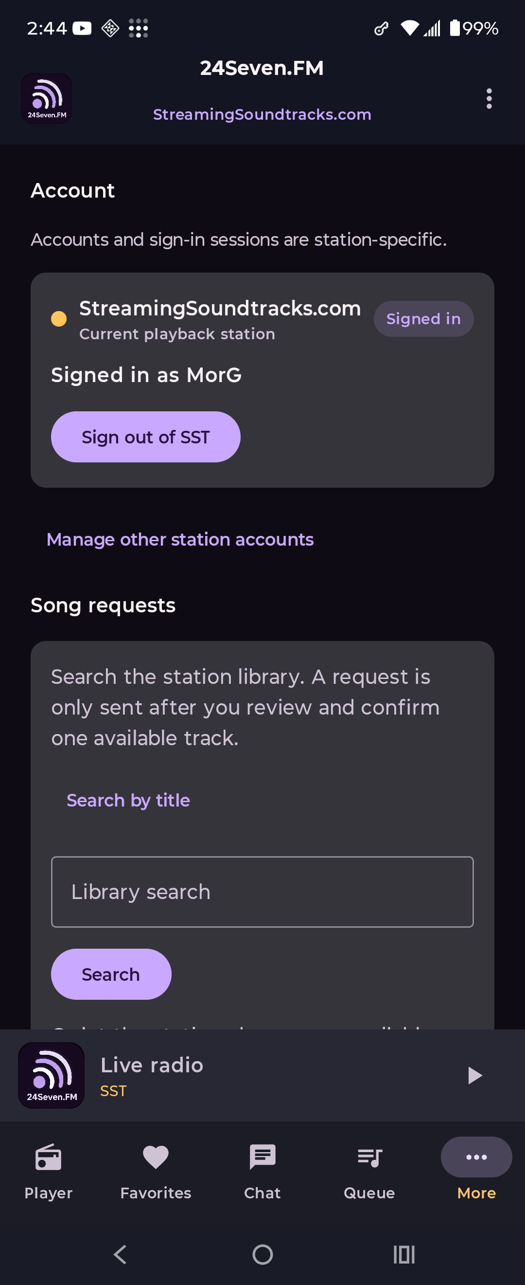 More screen with account, community, privacy, and station resources