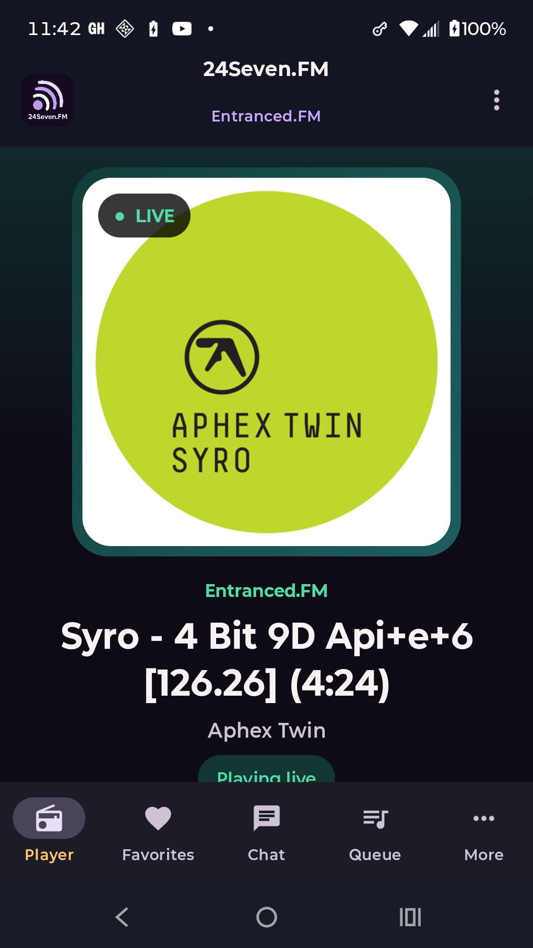 Player screen showing live track artwork, metadata, station carousel, and playback controls